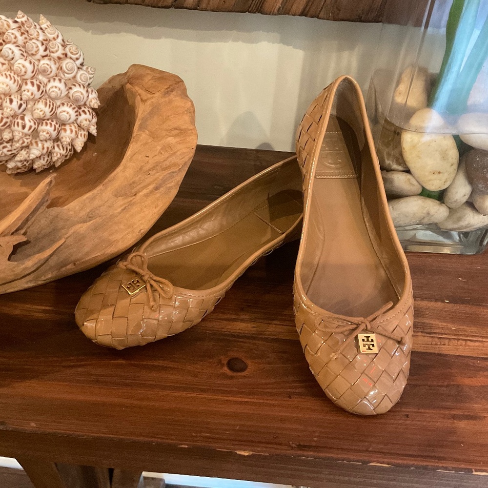 Tory Burch Woven Tan Leather Ballet Flats with Logo Charm
